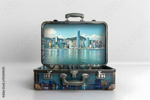 Opened Travel Suitcase Revealing Idyllic Hong Kong Cityscape photo