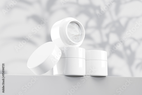 White cosmetic cream jar on white background for product presentation mockup rendering with shadow overlay