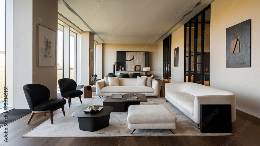 Fototapeta premium Modern and stylish living room with contemporary furniture, large windows, and elegant decor in neutral tones.