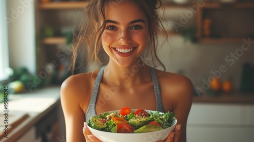 Happy Young woman eating Salted salmon salad with fresh green lettuce,smoked salmon,tomato,Ketogenic,diet lunch bowl,enjoy eat clean vegetables after exercise,Healthy food concept,sport girl.