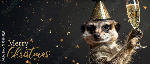 Merry Christmas celebration holiday background greeting card, meerkat animal with golden hat holding a champagner glass, grey gray background with text