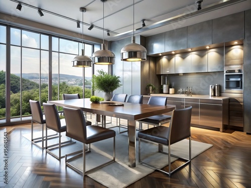 Modern and minimalist, this dining room exudes industrial chic with stainless steel furniture, polished concrete