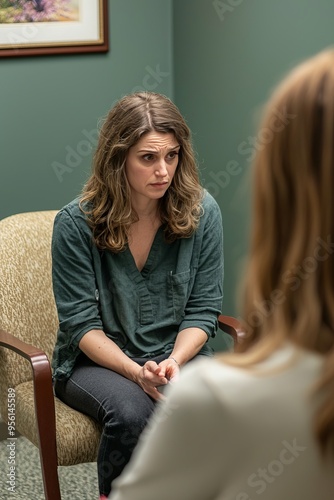 Female doctor conducting a mental health evaluation in a quiet counseling room. She’s listening intently to the patient’s concerns