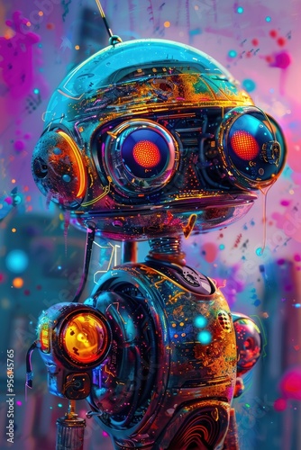 Shiny Futuristic Robot in a Multicolored Digital World