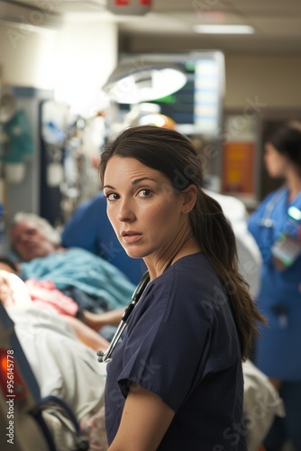 Female doctor coordinating emergency care in a busy ER. She’s directing nurses and ensuring that each patient receives prompt attentio photo