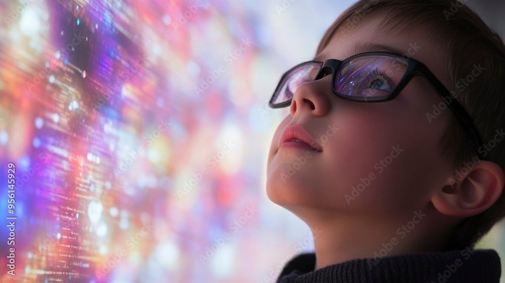 Boy with Glasses Looking Up at a Blurred Light Display Boy with Glasses Looking Up at a Blurred Light Display
