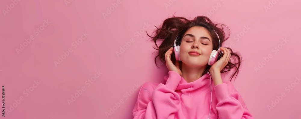 Woman enjoying music with pink headphones on pink background. Woman enjoying music with pink headphones on pink background.