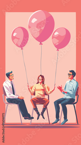 Candidates grabbing for vacancy chair floating with balloon, HR recruitment concept for job opportunity