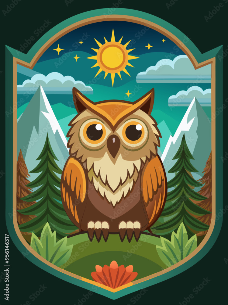 Obraz premium Wise Owl in Mountain Landscape with Sun and Stars