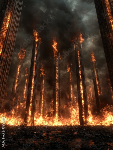 Apocalyptic forest fire scene with towering flames