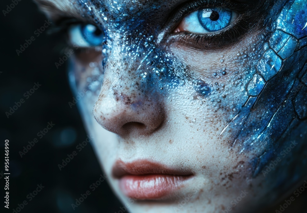 Captivating close-up of a person's face with striking blue eyes and shimmering, icy makeup Captivating close-up of a person's face with striking blue eyes and shimmering, icy makeup