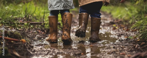 Children in muddy boots walking through forest trail.