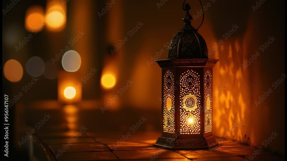 Moroccan lantern glowing at night. Glittering golden bokeh lights, blurred background. Ramadan Kareem, Eid ul Fitr muslim holiday Moroccan lantern glowing at night. Glittering golden bokeh lights, blurred background. Ramadan Kareem, Eid ul Fitr muslim holiday