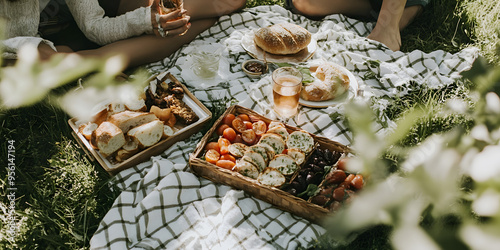 Friends enjoying a picnic in a meadow photo