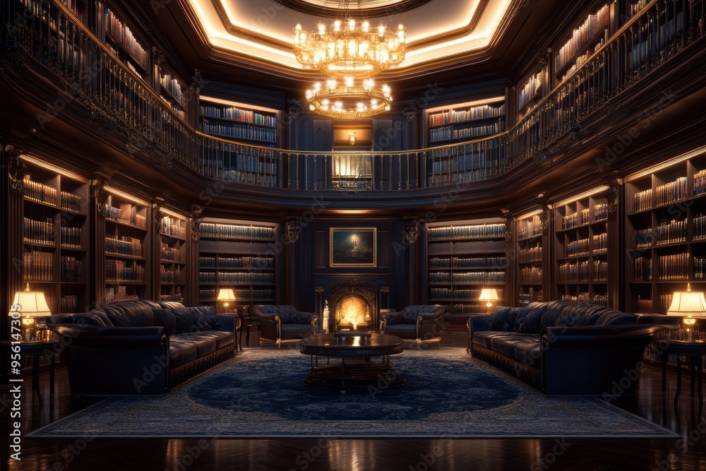 A lavish palace library featuring floor-to-ceiling bookshelves, antique furniture A lavish palace library featuring floor-to-ceiling bookshelves, antique furniture