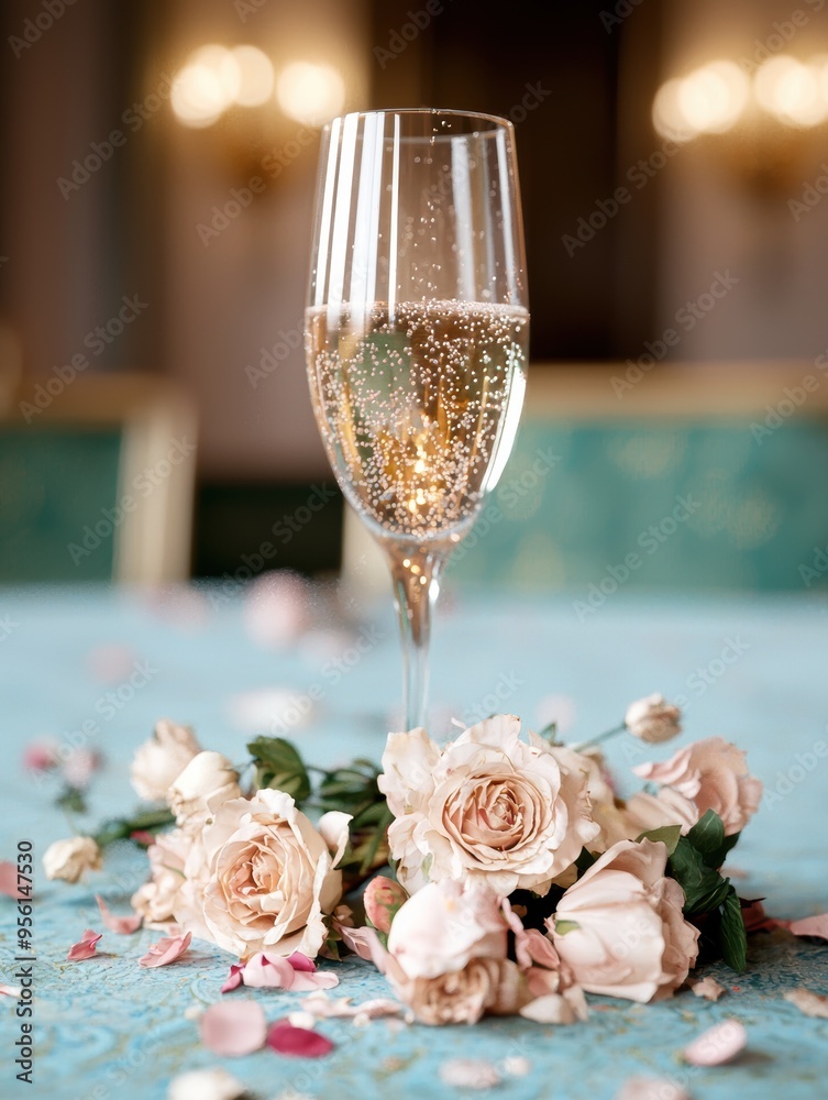 champagne glass with sparkling wine and rose flowers champagne glass with sparkling wine and rose flowers