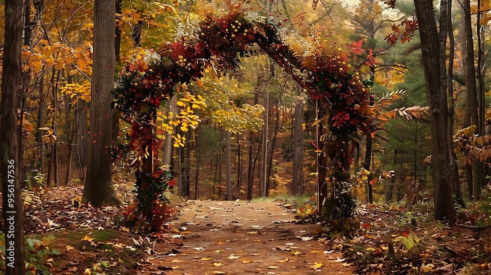 Nestled in a peaceful forest is a gorgeously adorned bridal arch with fall foliage Nestled in a peaceful forest is a gorgeously adorned bridal arch with fall foliage