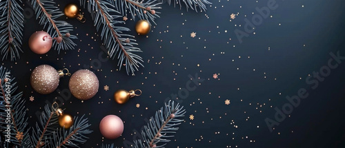 Merry Christmas celebration holiday background greeting card, pink golden baubles balls and branches as christmas decoration isolated on black grey gray background