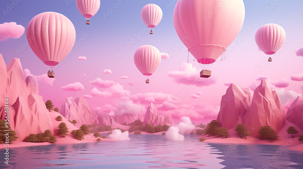 Obraz premium pink theme floating air balloon with mountains lake soft pastel blue sky landscape surreal 3D render style