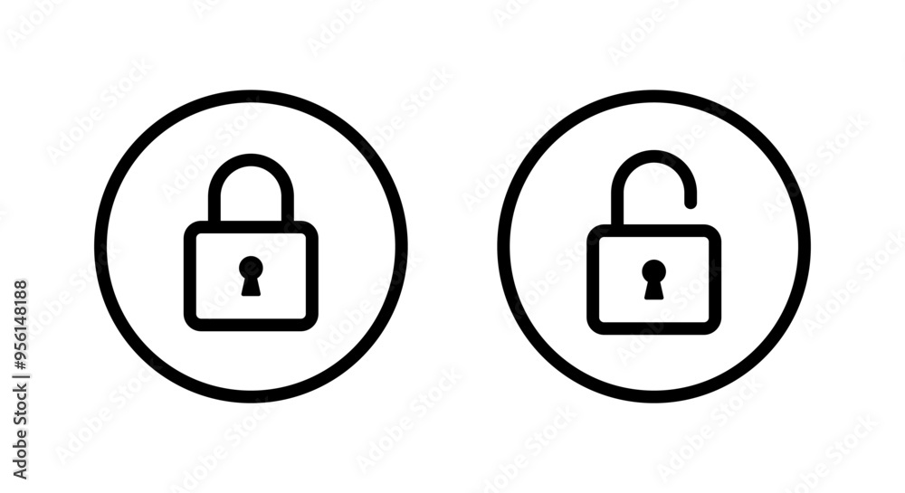 Lock and unlock icon on circle line. Padlock sign symbol Lock and unlock icon on circle line. Padlock sign symbol