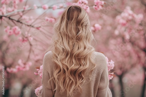 A woman with long blonde hair is standing in front of a tree with pink flowers