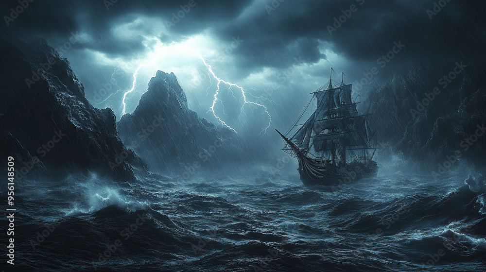 A ship in the middle of a stormy sea under a storm and lightning A ship in the middle of a stormy sea under a storm and lightning