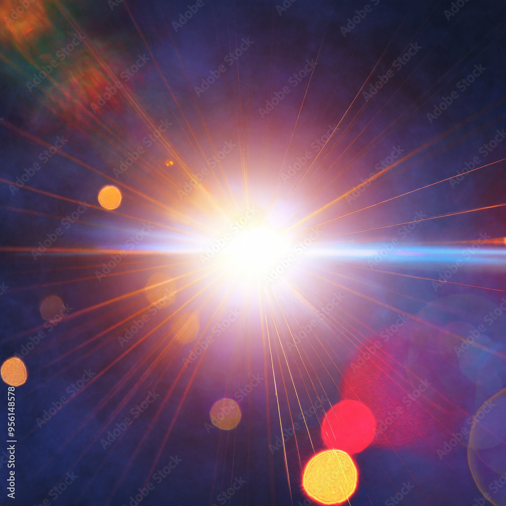 Cosmic Starburst: Glowing Lens Flare, Light Rays and Stellar Light Effects in a Night Sky Explosion Cosmic Starburst: Glowing Lens Flare, Light Rays and Stellar Light Effects in a Night Sky Explosion