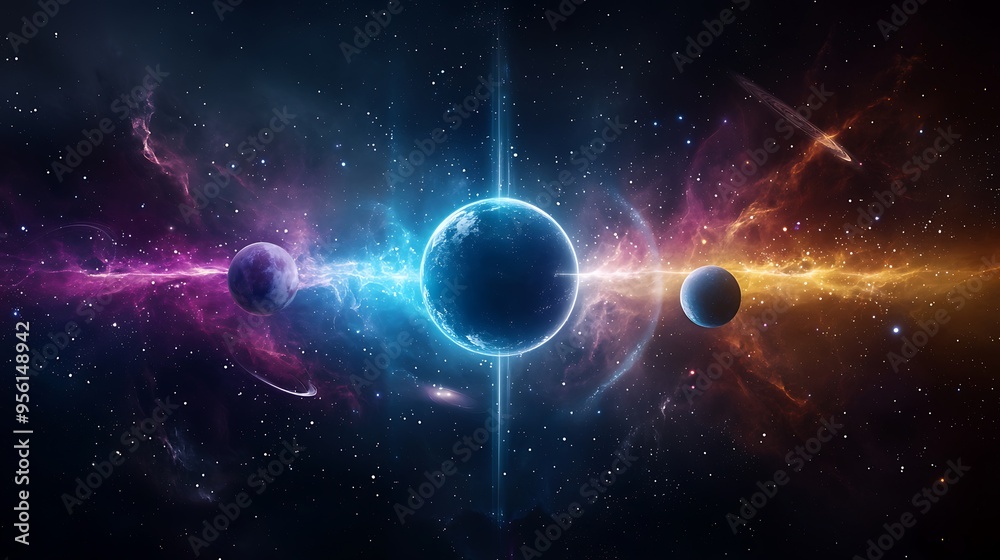 Obraz premium Cosmic Wonder: Planetary Alignment and Glowing Orbs in Colorful Nebula Universe with Copy Space