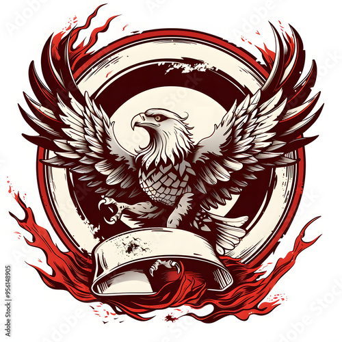 a vector logo of an eagle with red and white ribbon wrapped around its claws, fire elements surrounding the phoenix bird on white background, cartoon style illustration, T-shirt design photo