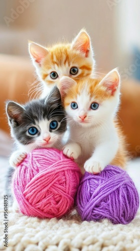 Three Kittens Playing with Colorful Yarn Balls photo