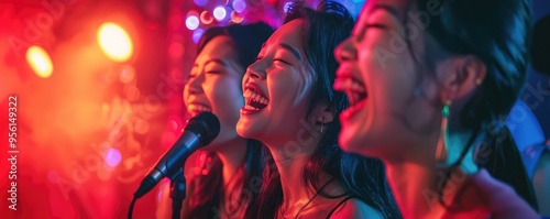 People singing with colorful lights in background, happy faces