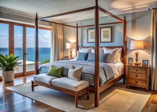 Seaside retreat features a bespoke four-poster bed, paired with wooden side tables and soft, dim lighting, creating a