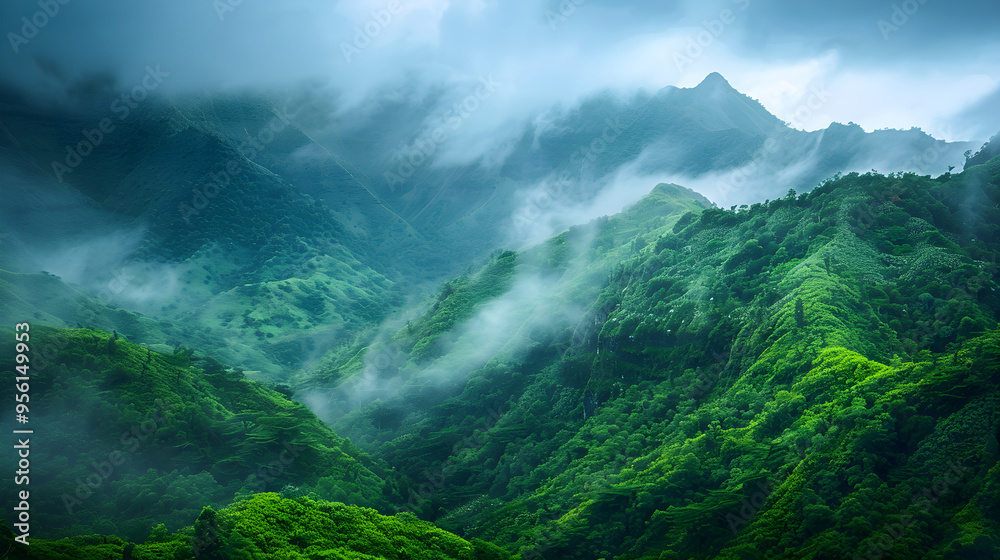 Obraz premium a lush and verdant mountain landscape unfolds, offering a breathtaking view of nature's grandeur.