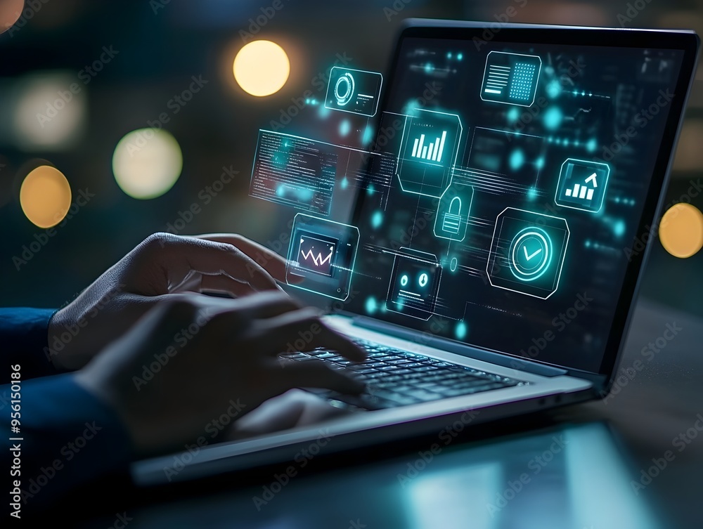 Cybersecurity Privacy and Insurance Icons on Laptop Used by Businessman Cybersecurity Privacy and Insurance Icons on Laptop Used by Businessman
