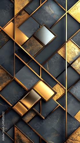 A sophisticated background featuring a geometric pattern in metallic gold and silver on a dark, glossy surface, creating a glamorous and upscale effect
