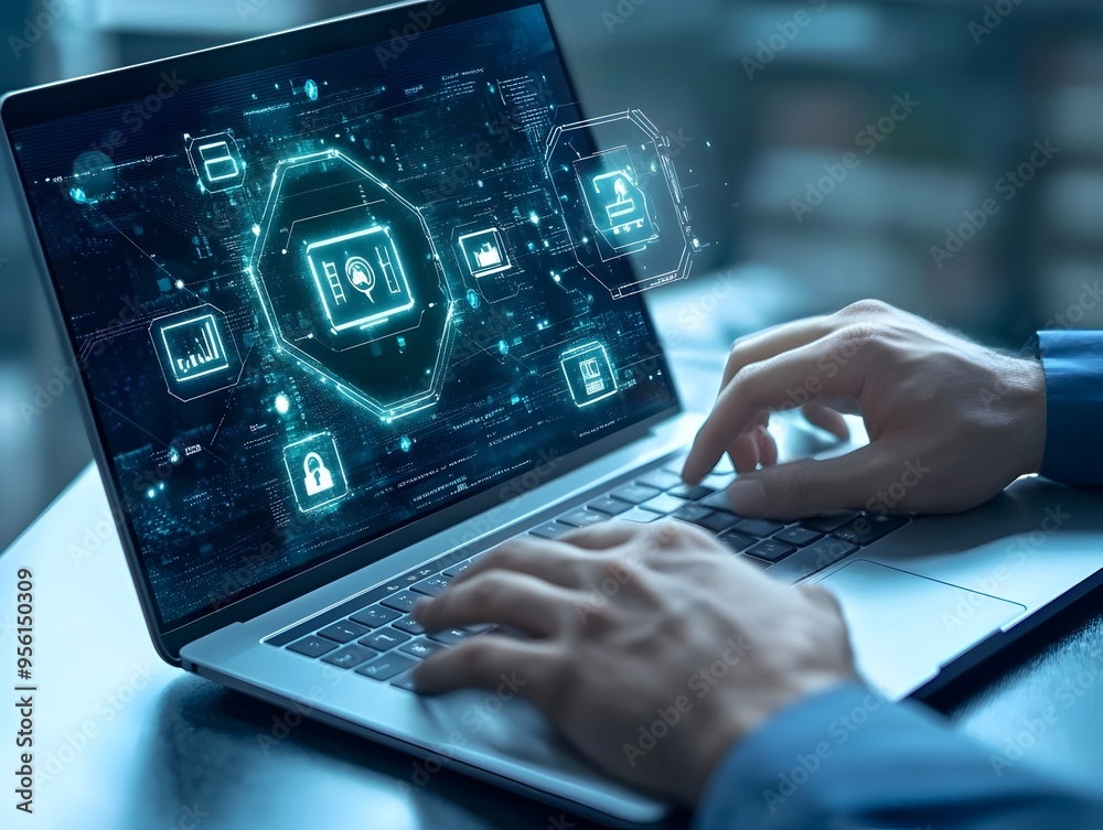 Cyber Security Privacy Cyber Insurance Icons on Laptop Used by Businessman
