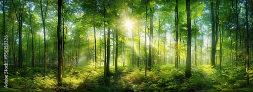 A forest with a bright sun shining through the trees