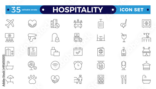 Set of outline icons related to the hospitality industry. Travel set. Summer vacations and holiday symbol vector illustration. traveling tourism elements. Editable stroke outline icon. 