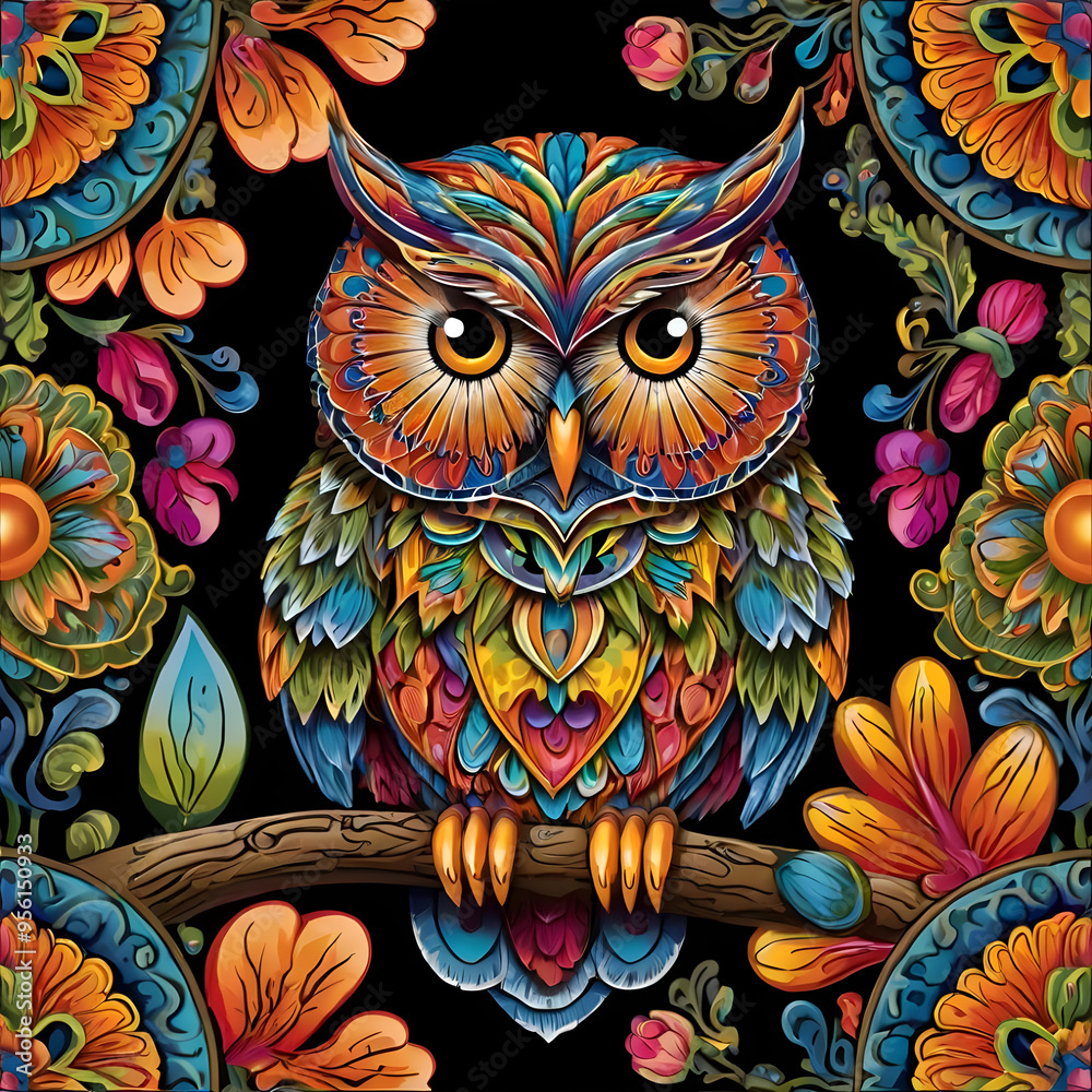 Fototapeta Vibrant and intricately designed illustration of a toucan perched on a branch. 