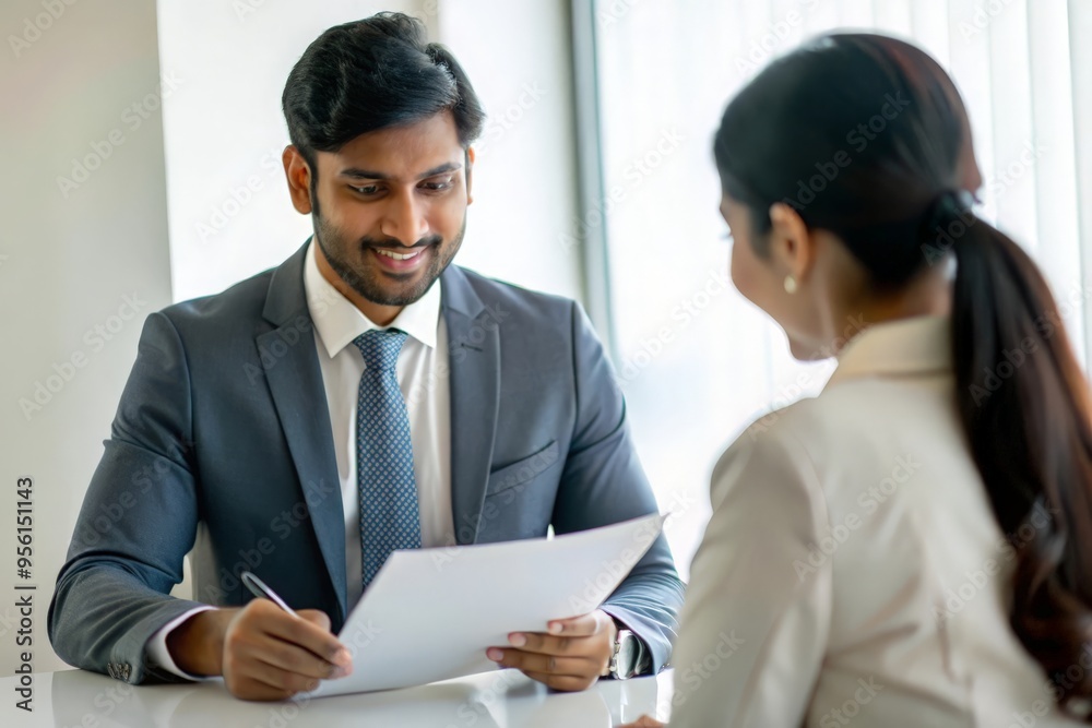 Indian Bank Manager Reviewing Agreement with Customer
Indian Bank Manager Reviewing Agreement with Customer