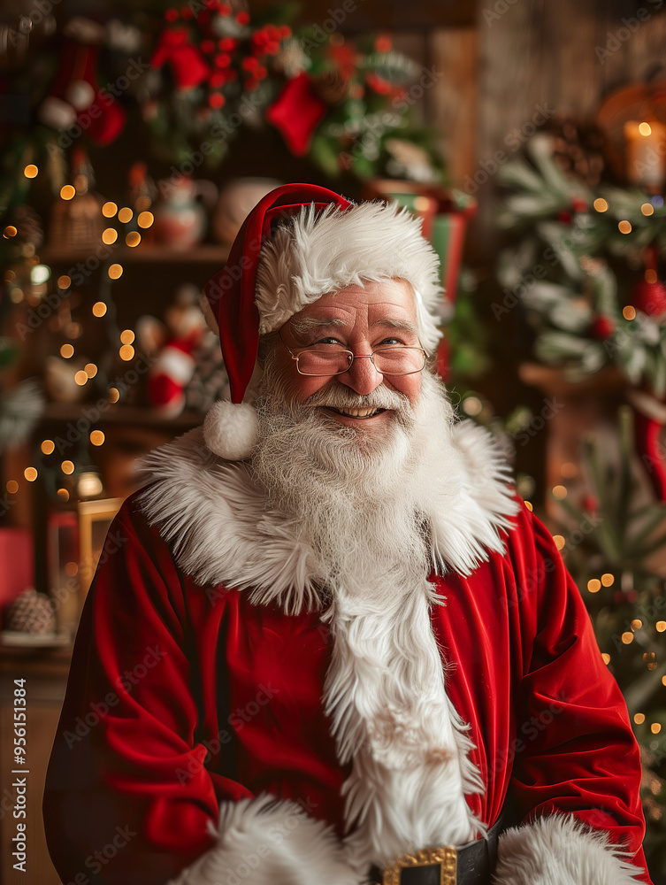 Jolly Santa Claus in festive holiday setting. Jolly Santa Claus in festive holiday setting.