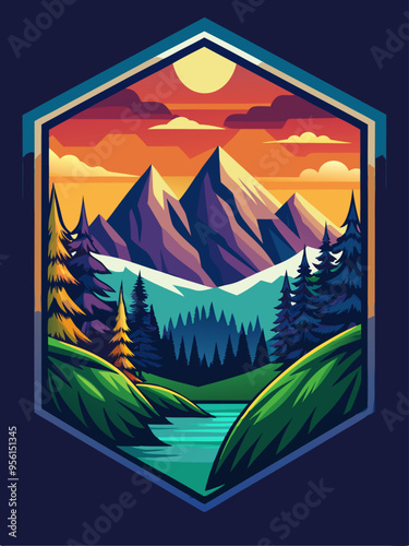 Mountain Landscape with Sunset and River