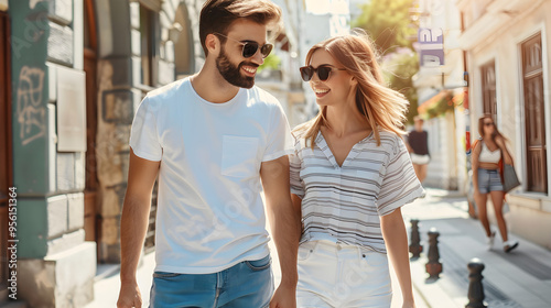 Happy Couple Walking Together on a Sunny Day in the City