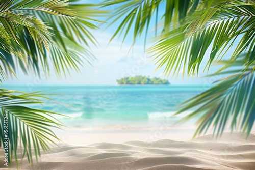 A beach scene with palm trees and a blue ocean