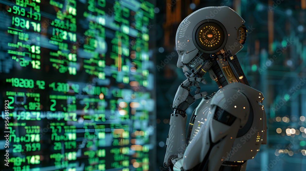 humanoid robot stands contemplatively against a backdrop of glowing green stock market data