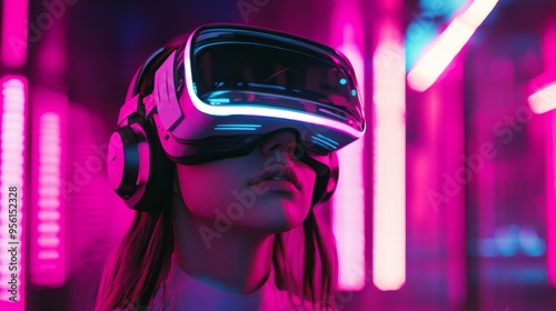 young woman wearing a sleek, futuristic VR headset with a reflective visor, illuminated by vibrant neon lights in a cyberpunk setting. The scene is filled with vivid pink, purple, and blue hues 