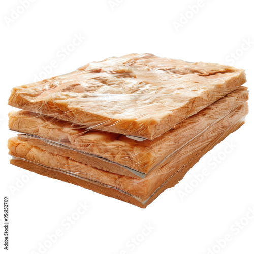 A stack of insulation material wrapped in plastic, ideal for construction, energy efficiency, and home improvement projects.