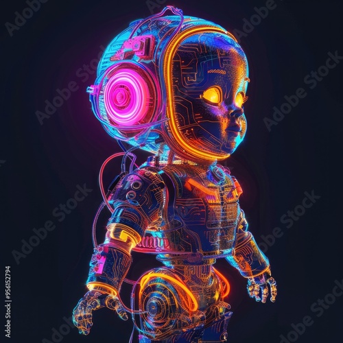 Neon Cyborg Child in Space Suit