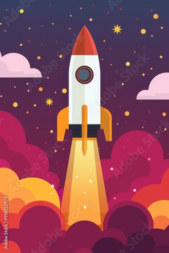 A vibrant rocket ascends into a purple sky filled with clouds and stars, celebrating astronaut day and back to school