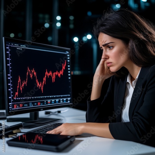 A businesswoman looks concerned while analyzing stock market data on her computer at night in a modern office.